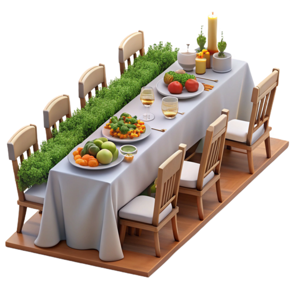 Outdoor Dinner Party Table Setting with Food Greenery png