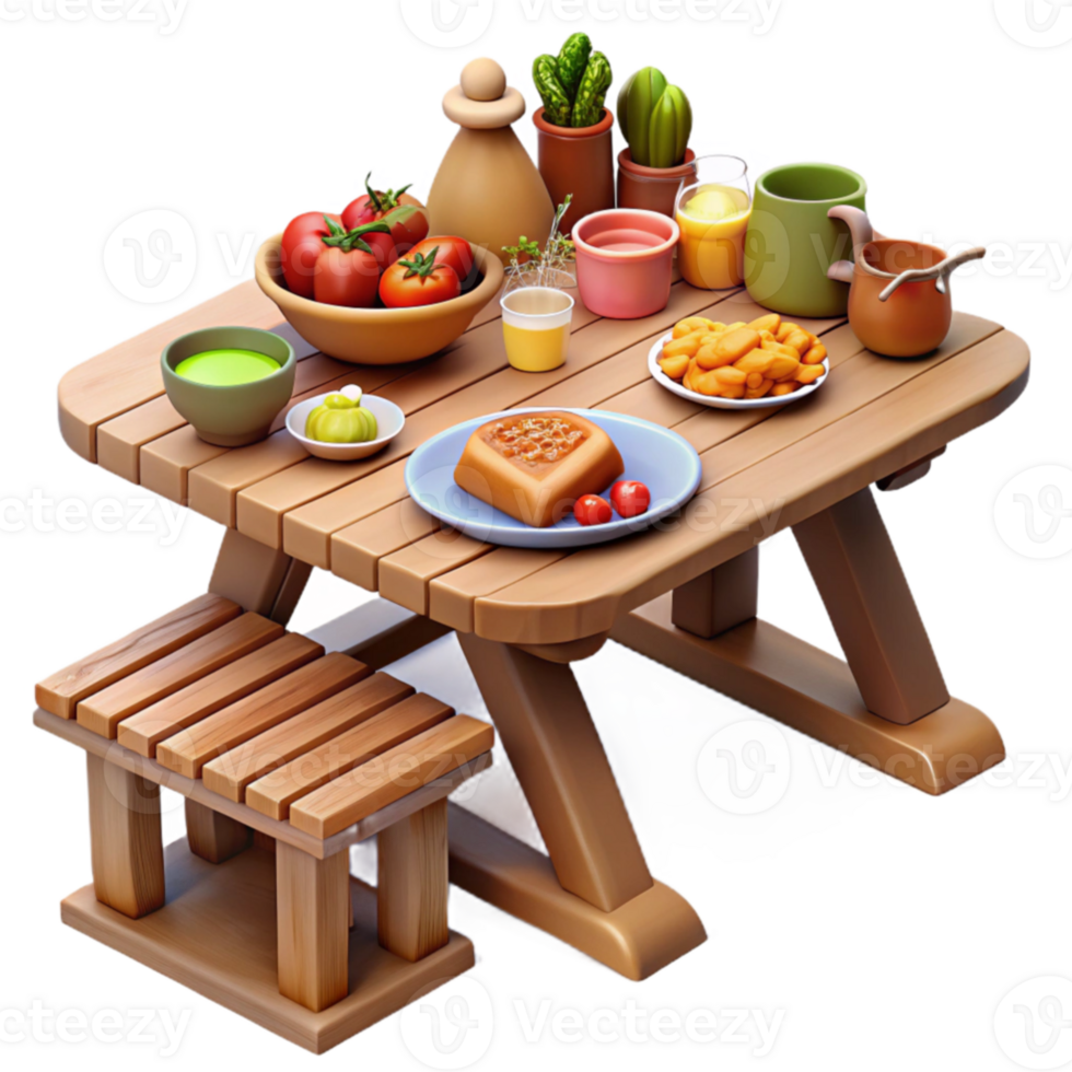 Rustic Picnic Table with Food and Plants png