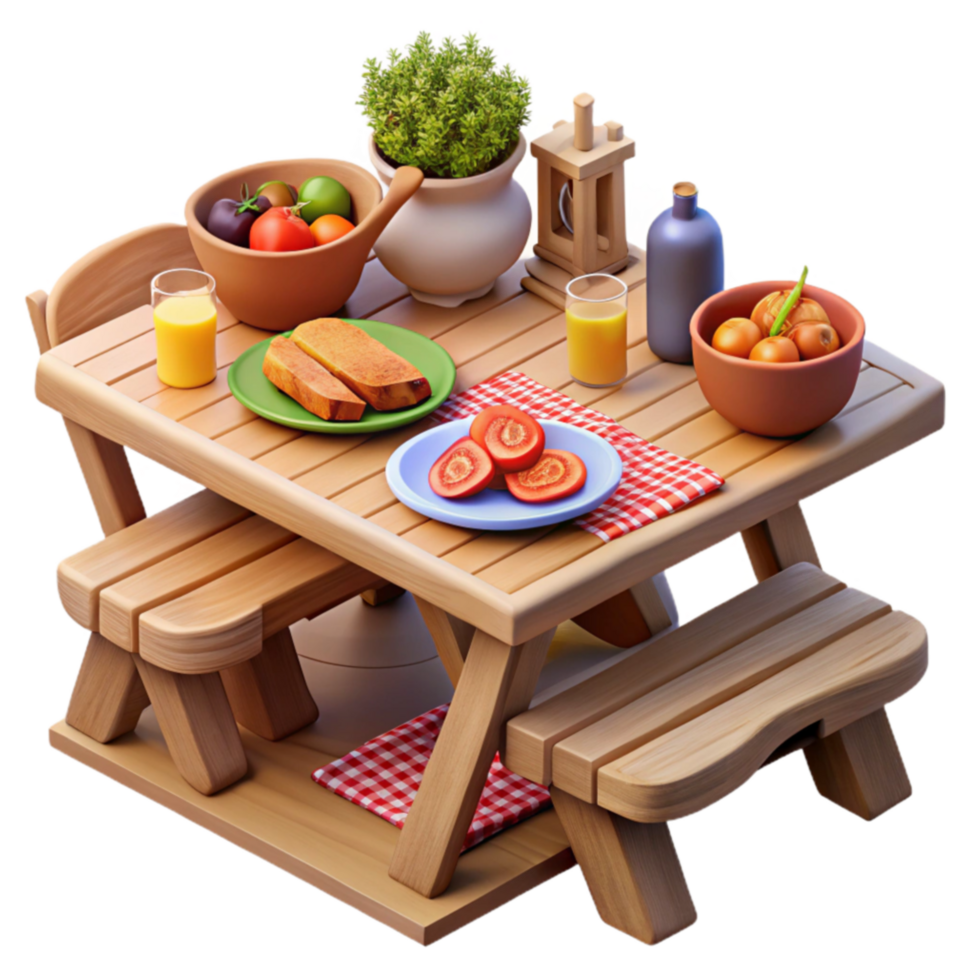 Rustic Picnic Table Setting with Food and Drinks png