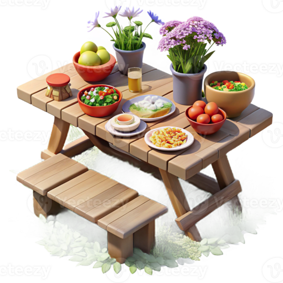 Picnic Table with Food and Flowers png