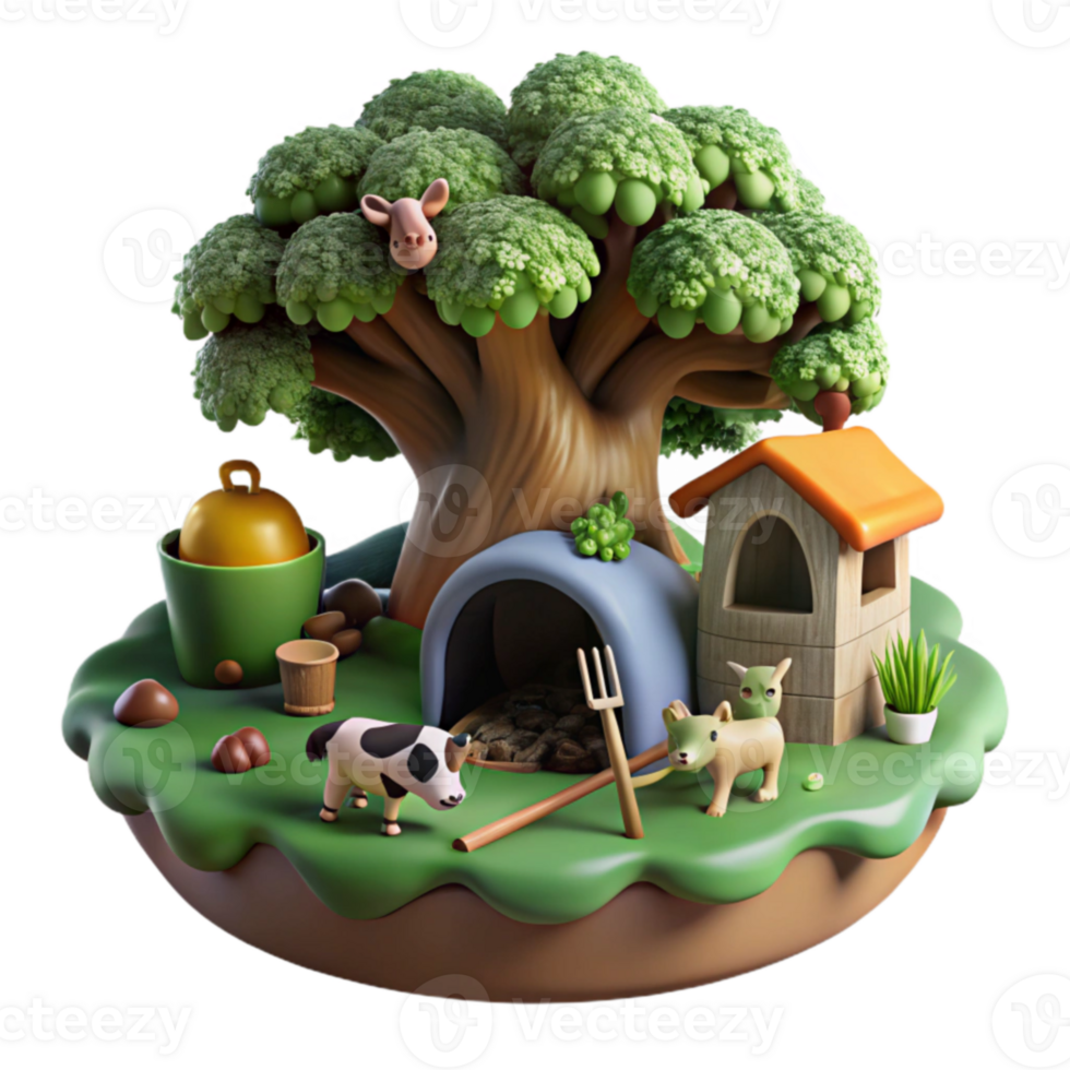 Farm Animals, Tree, and Hut 3D Render png