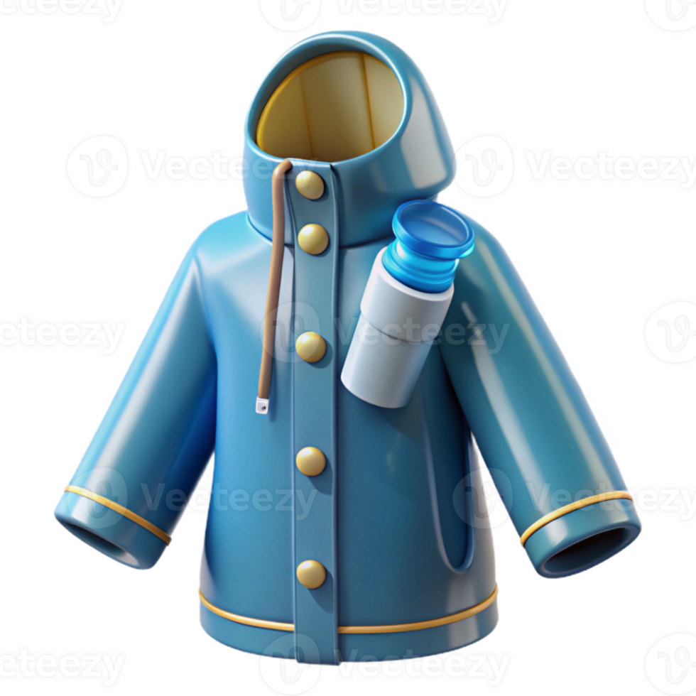 3D Render of Blue Hooded Raincoat with Water Bottle png