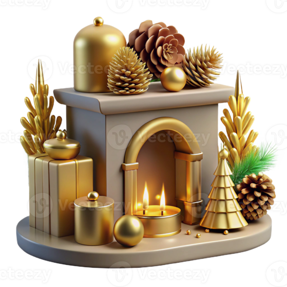 Golden Christmas Fireplace with Festive Decor png