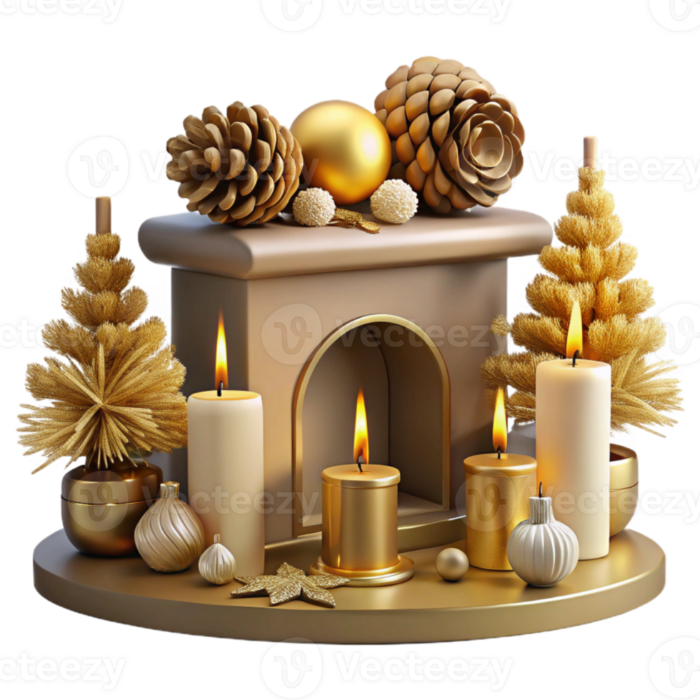 Golden Christmas Fireplace with Candles and Pine Cones png
