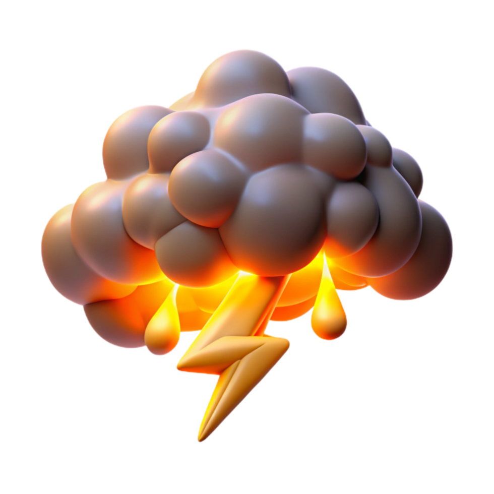 Glowing 3D Cloud with Lightning Bolt and Rain png