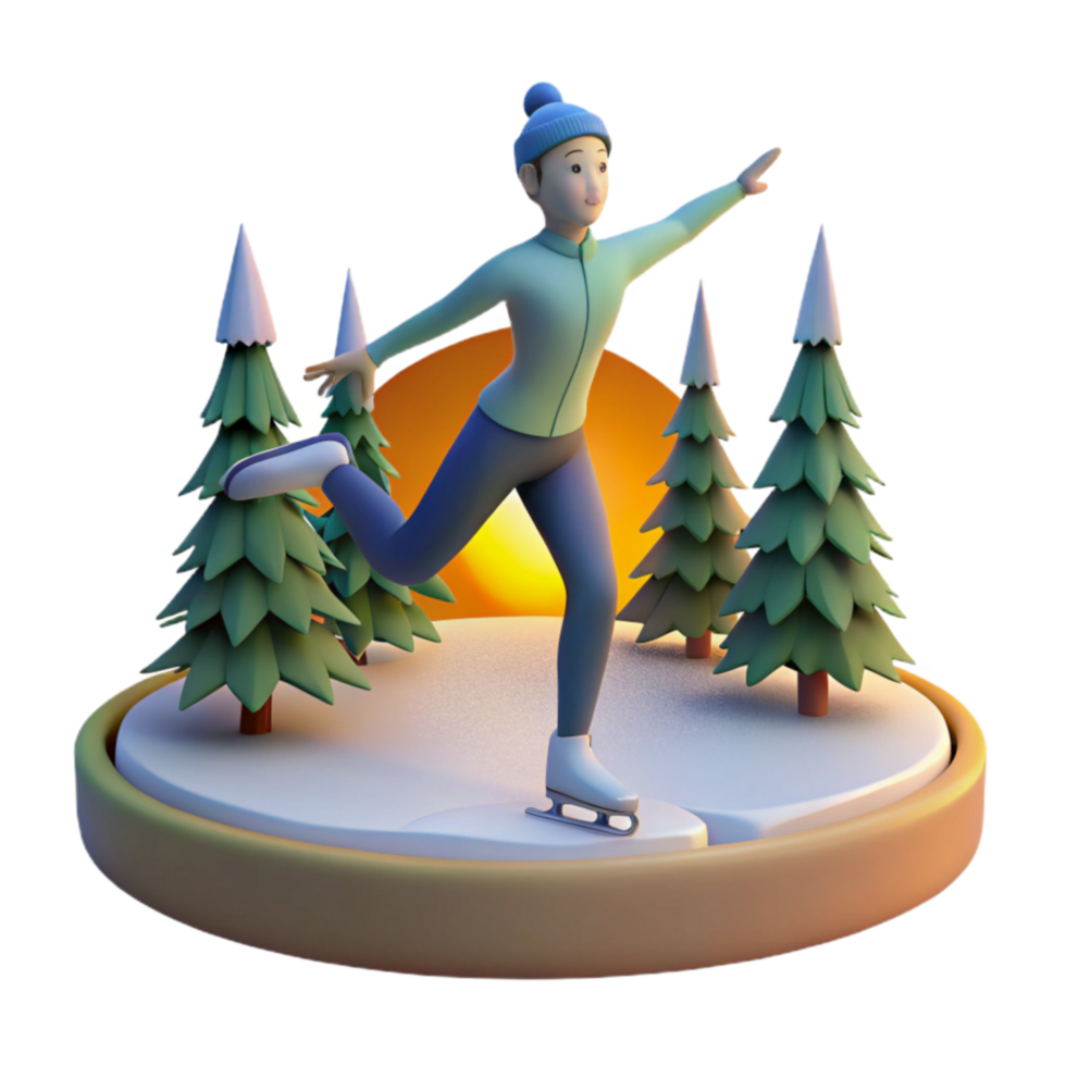 Winter Ice Skating Scene 3D Render of Person Skating png