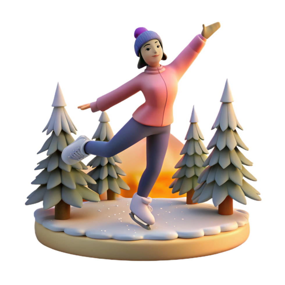 Winter Ice Skating Fun 3D Render of Girl Skating png