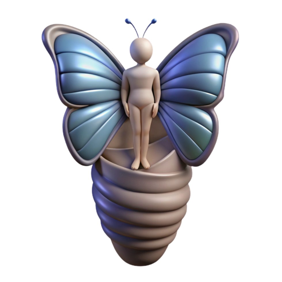 Metamorphosis 3D Render of Figure Emerging from Cocoon with Butterfly Wings png