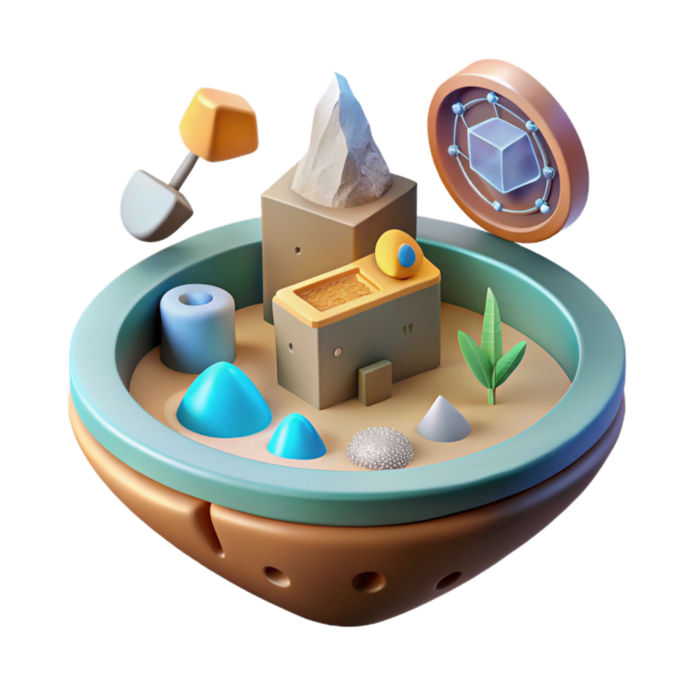 Abstract 3D Render Miniature World, Geometric Shapes, and Symbolic Structures png