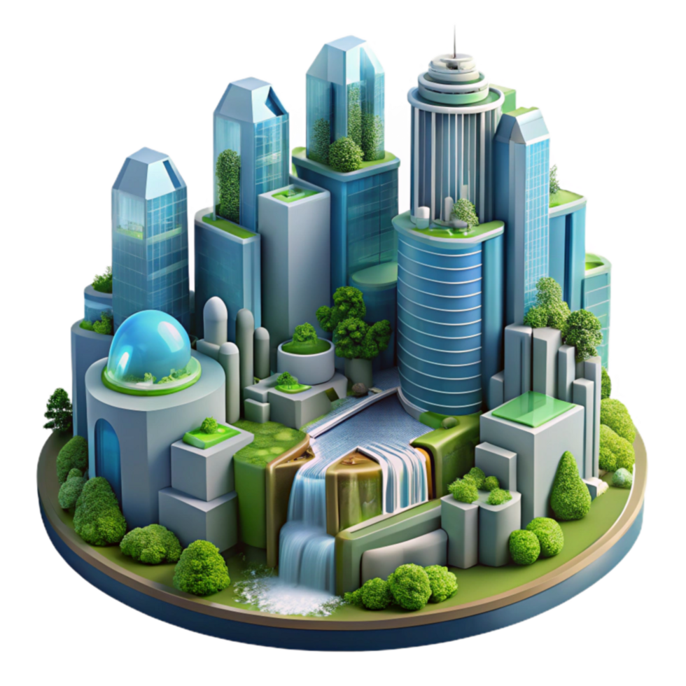 Eco-City Sustainable Urban Design with Green Spaces and Waterfall png