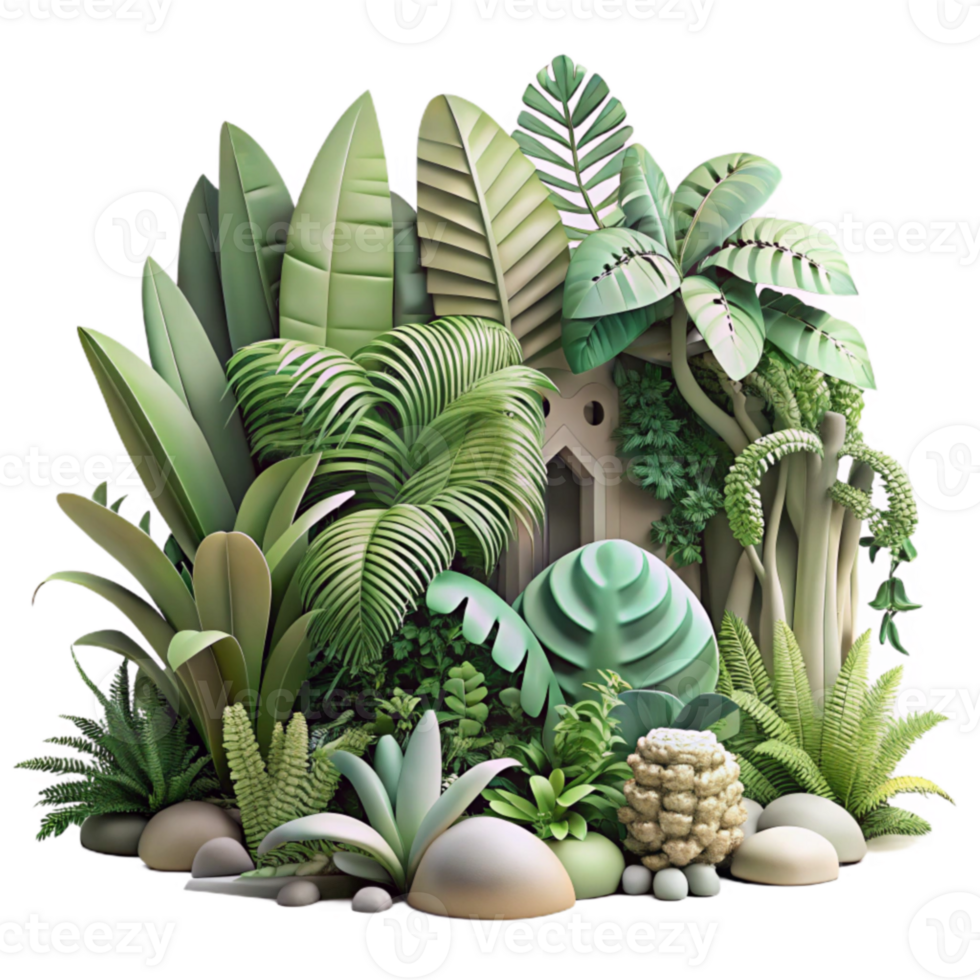 Lush Tropical Garden Oasis with Architectural Element png