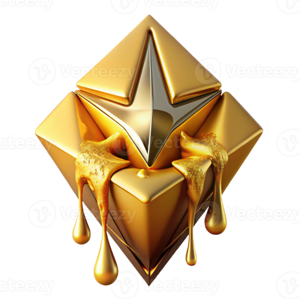 Golden Cube with Melting Star Abstract 3D Render png