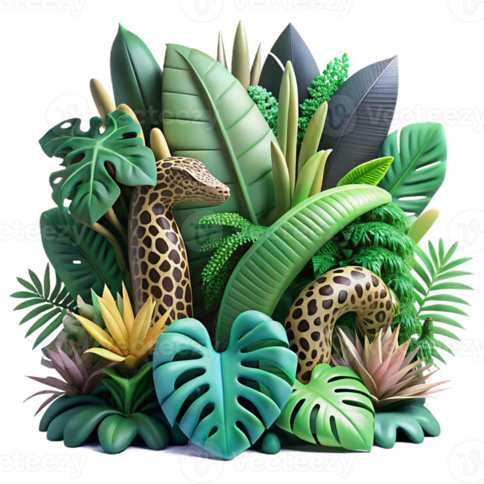 Tropical Jungle Scene with Snakes and Lush Foliage png