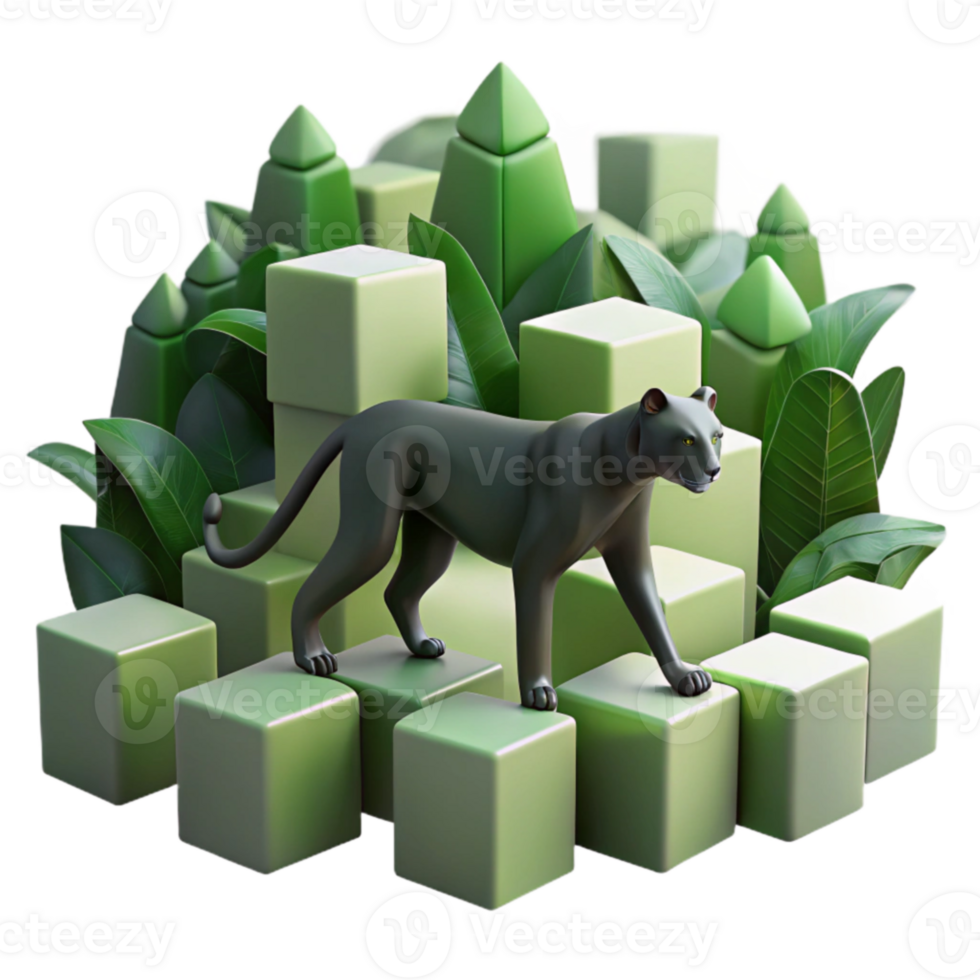 Panther on Green Cubes in Lush Foliage png