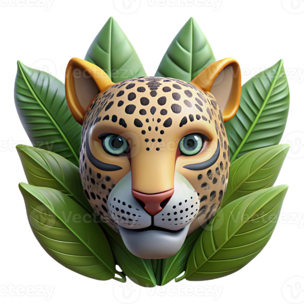 3D Cartoon Leopard Head with Tropical Leaves png
