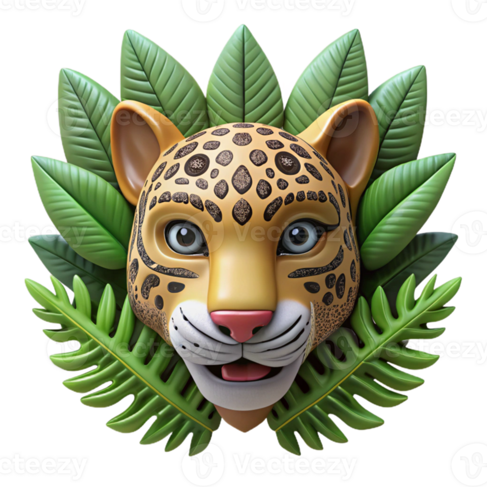 Cute Jaguar Jungle Leaves 3D Render png