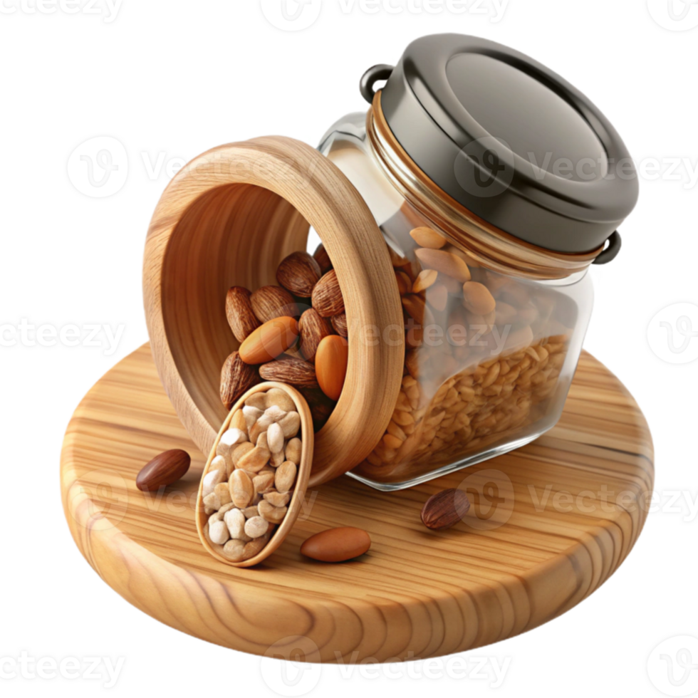 Assorted Nuts in Wooden Bowl and Glass Jar png