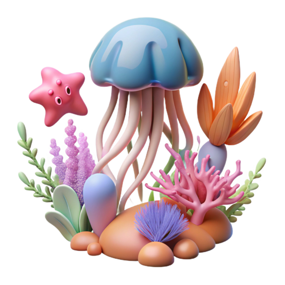Undersea Jellyfish Reef 3D Render of Colorful Ocean Life png