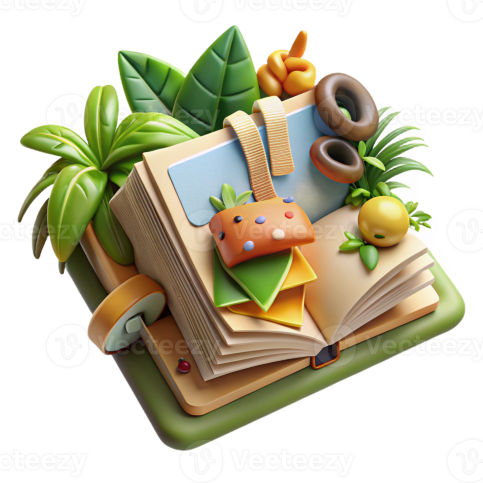 Open Book with Tropical Plants and Objects png
