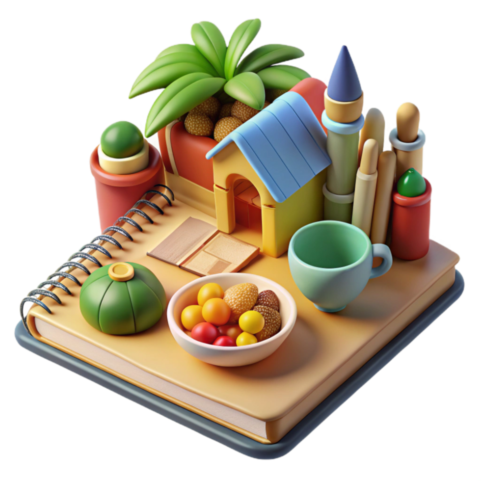 Whimsical 3D Notebook Scene Miniature House, Plants, and Treats png
