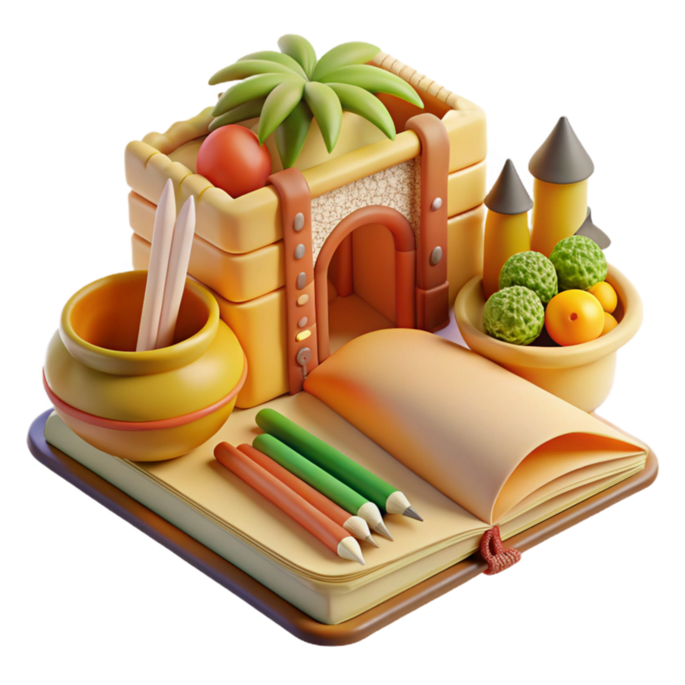 Open Book with 3D Miniature Castle Fruit png