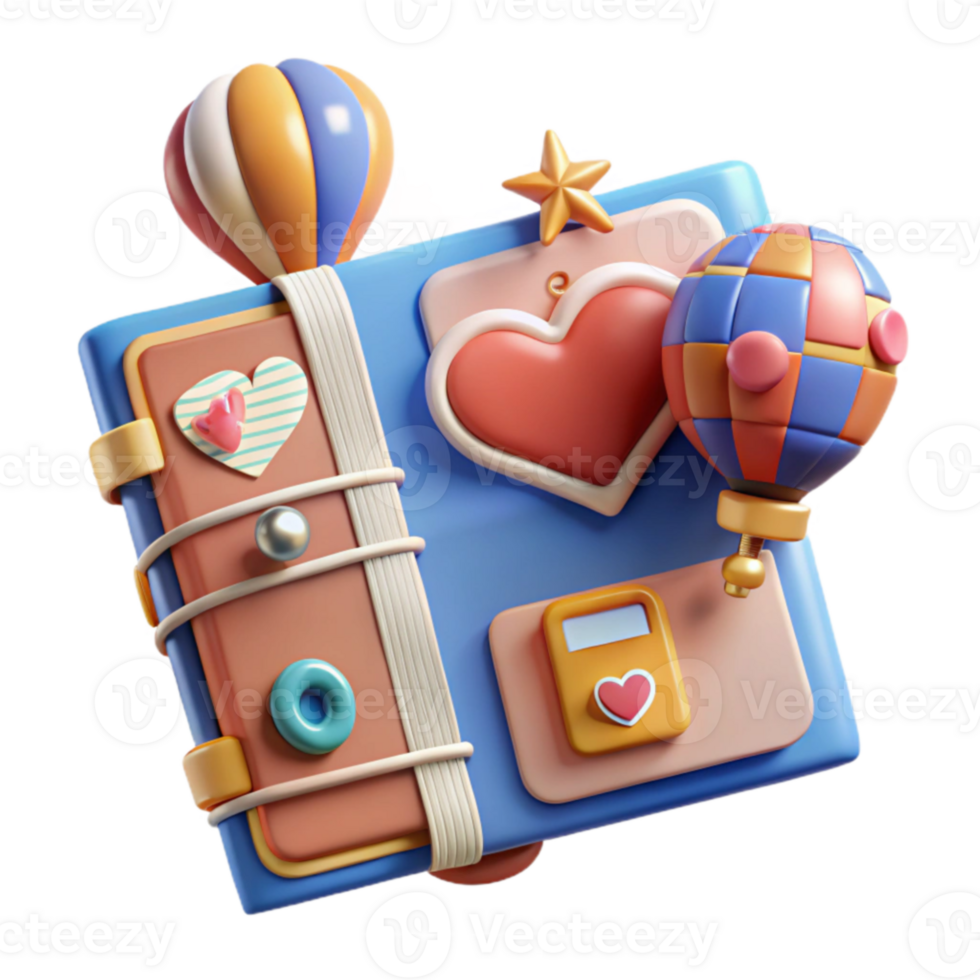 Cute 3D Notebook with Hot Air Balloons and Hearts png