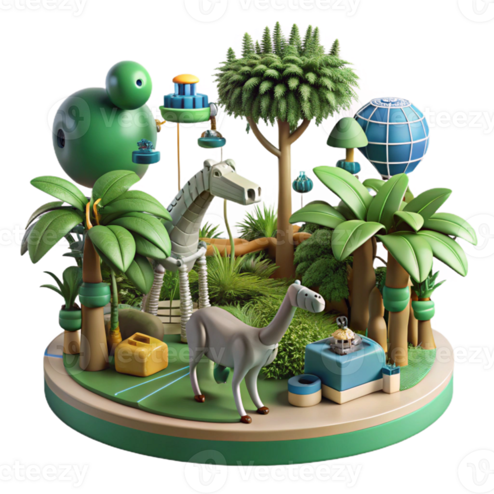 Whimsical Animal Sculptures in a Lush Miniature Garden png
