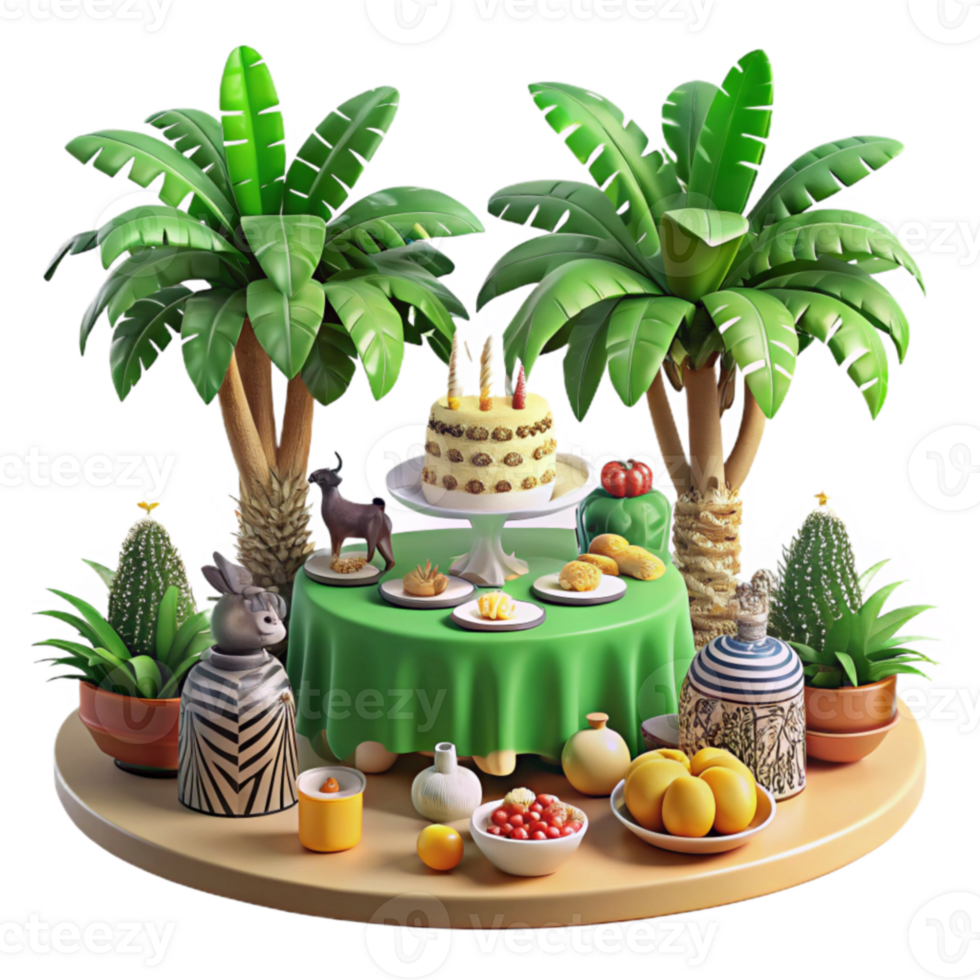 Tropical Party Table Setting with Cake png