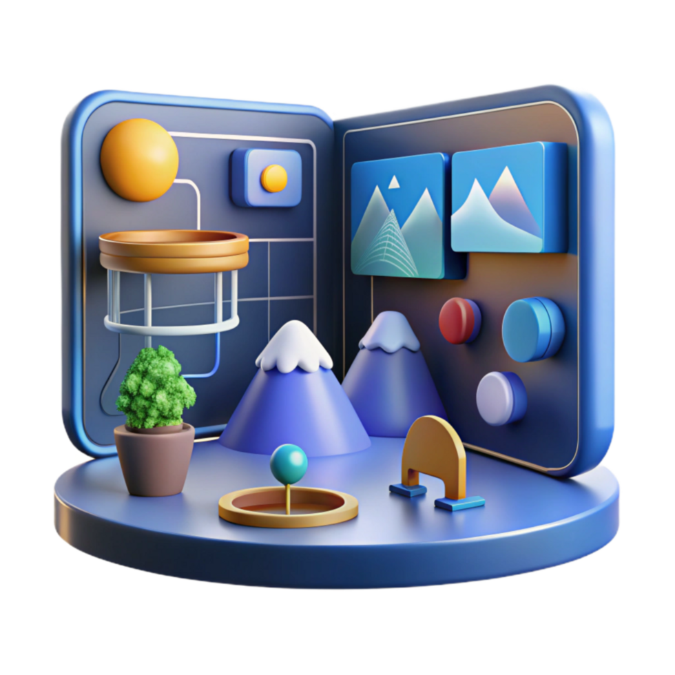 3D Interface Design Mountains, Sun, and UI Elements png