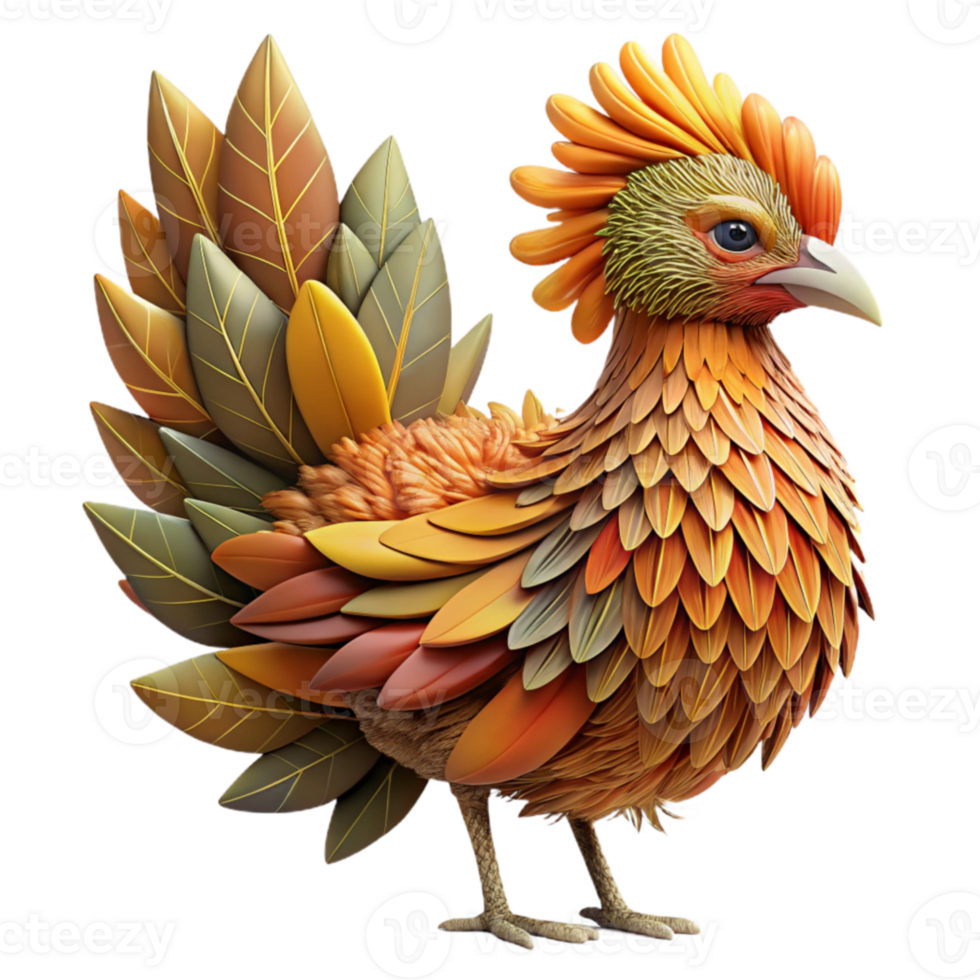 Autumnal Rooster 3D Render of Bird with Leaf-Shaped Feathers png