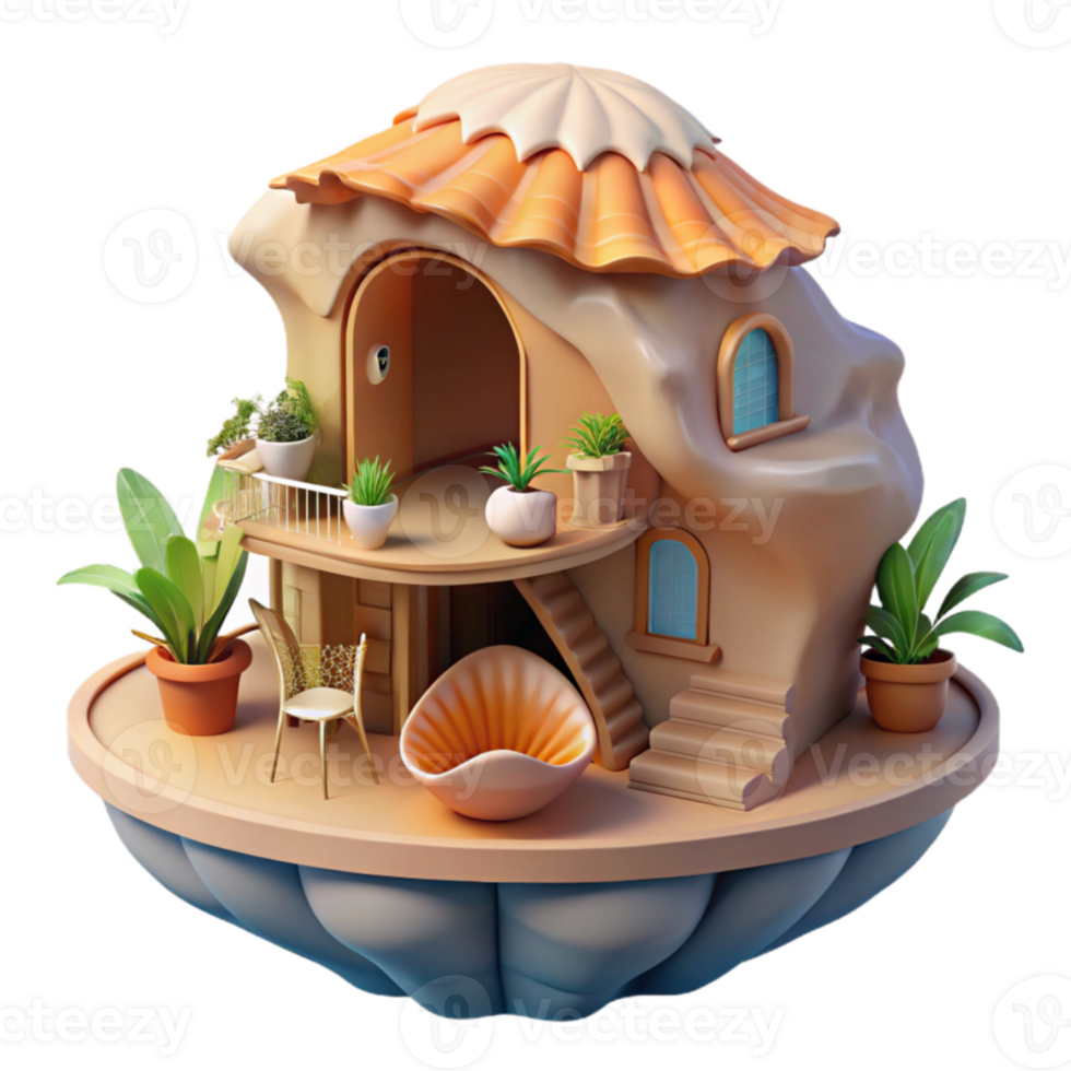 Whimsical Floating House 3D Render of Cozy Home Design png