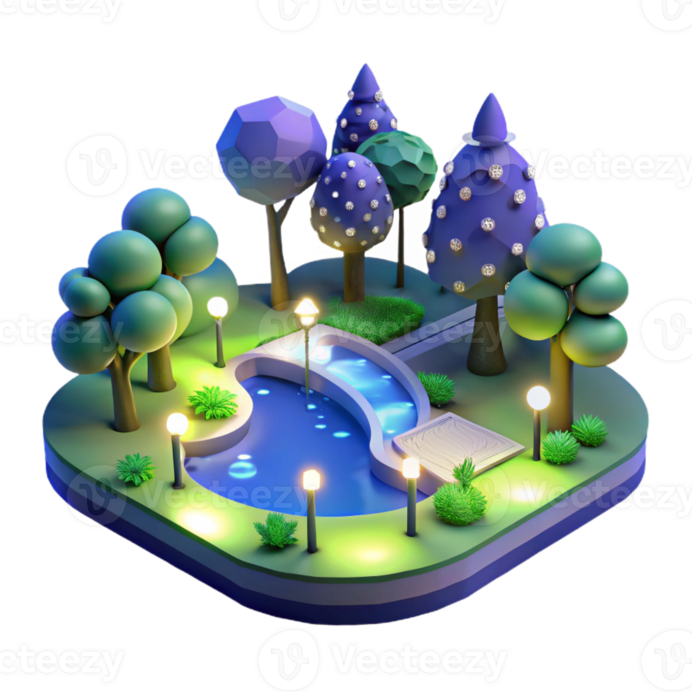 Night Park 3D Isometric Pond, Trees, and Lights png