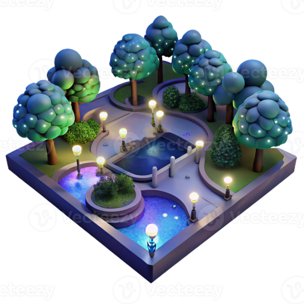 Night Park Illuminated Pathways, Scenic Pools, Lush Trees png