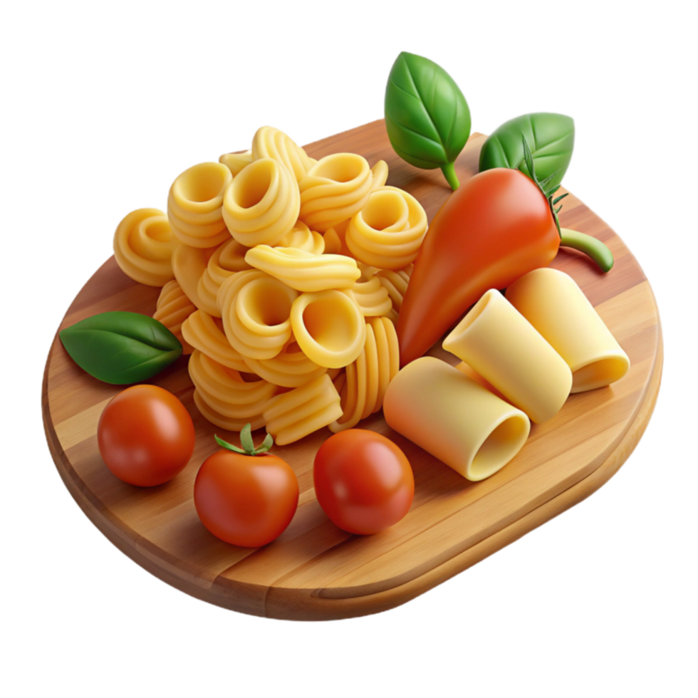 Pasta, Tomatoes, and Peppers on Wooden Board png