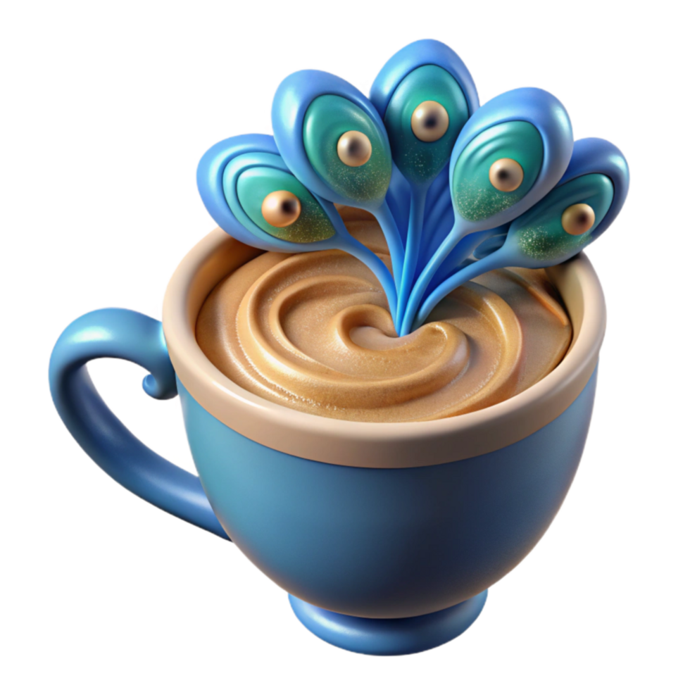 Whimsical Coffee Cup with Peacock Feather Design png