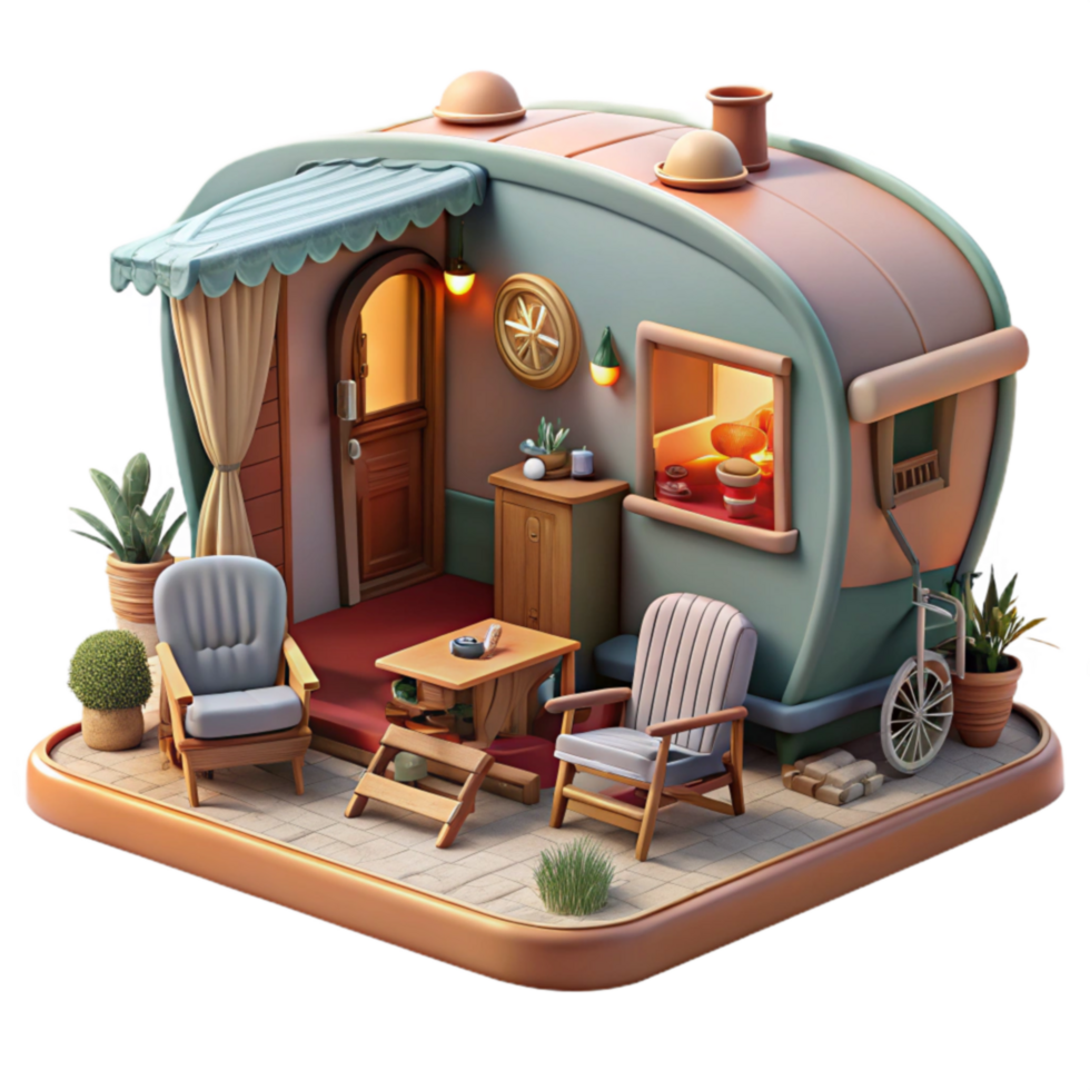 Cozy Caravan Patio 3D Render of a Charming Camper png