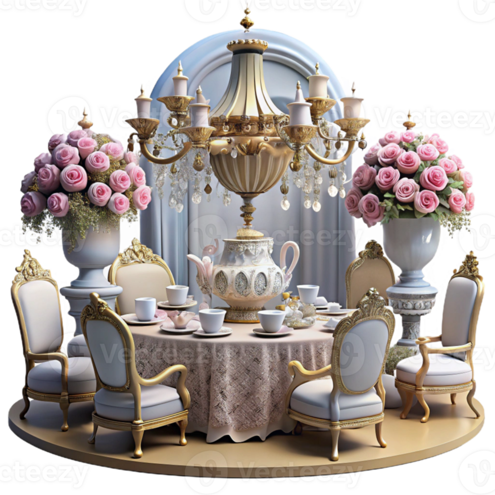Elegant Tea Party Setting with Crystal Chandelier png