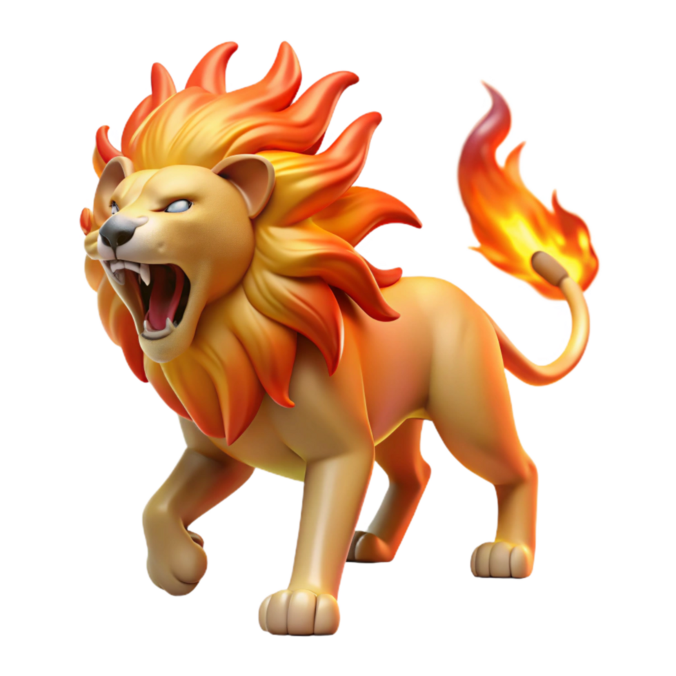 Fiery Lion 3D Render of a Roaring Lion with Flaming Mane and Tail png