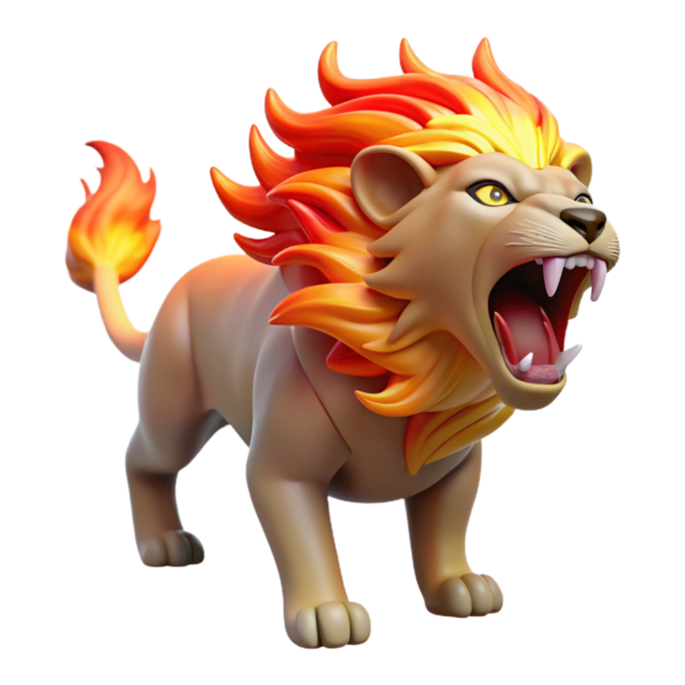 Fiery Lion 3D Render of a Roaring, Flame-Mane Creature png