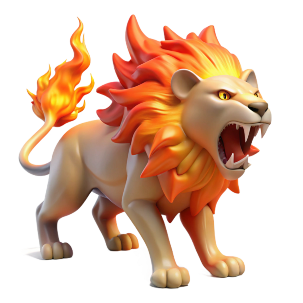 Fiery Lion 3D Render of a Roaring, Flaming Mane Beast png