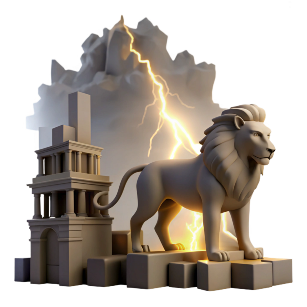Lion, Storm, Ancient Architecture A Digital 3D Render png