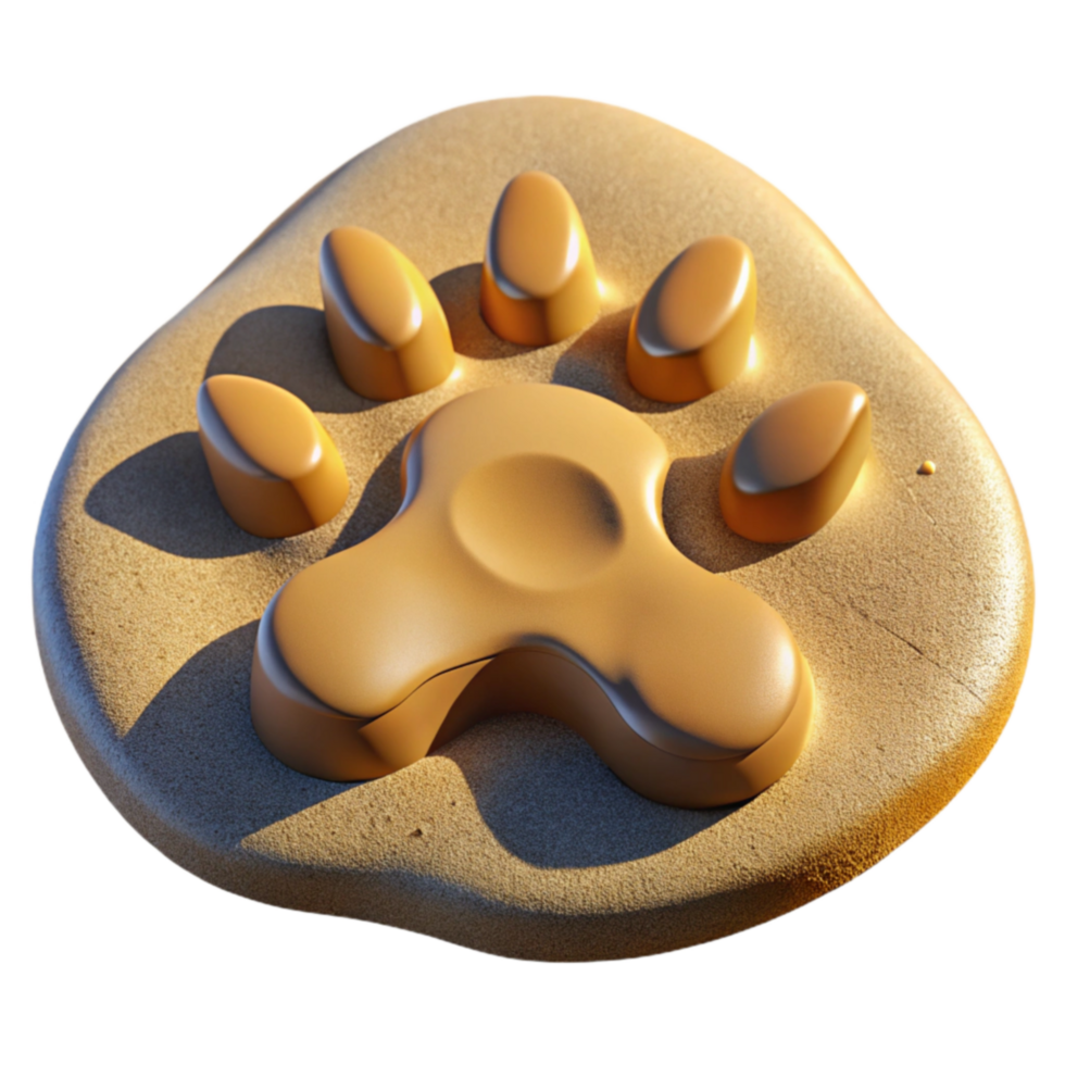 Golden Paw Print in Sand 3D Render png