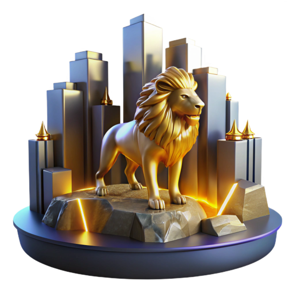 Golden Lion Cityscape Strength, Majesty, and Urban Power png