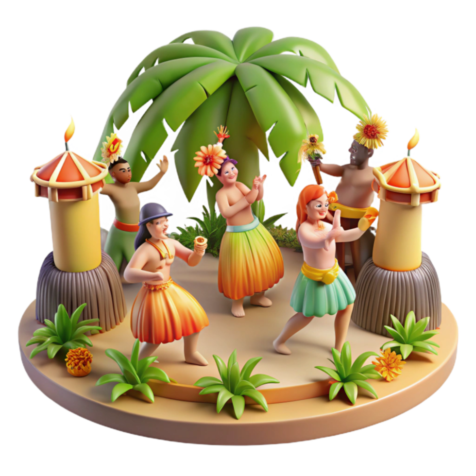 Tropical Island Luau Celebration 3D Render of Festive Dancers png