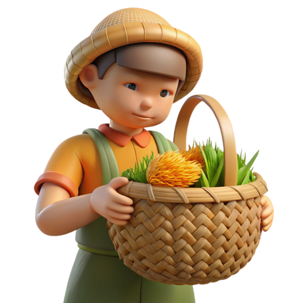 Child Farmer Harvesting Crops in Woven Basket png