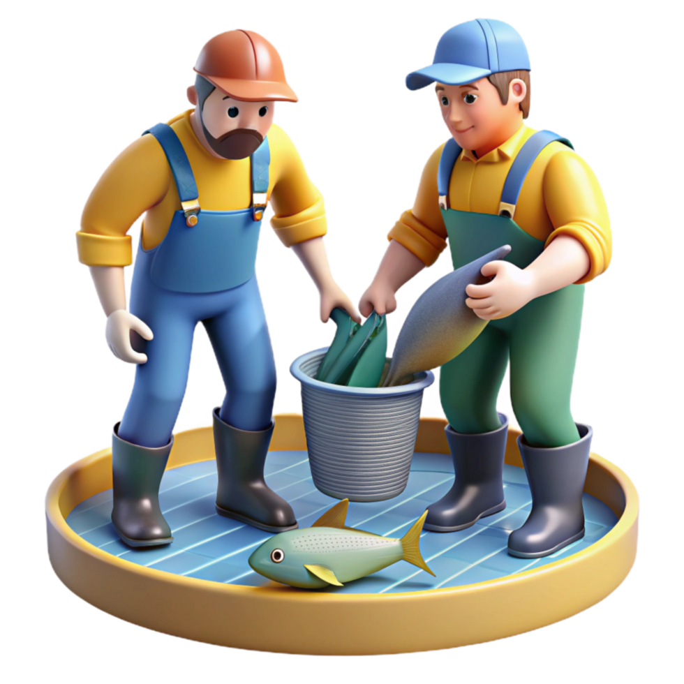Fishermen Sorting Fresh Catch 3D Illustration png