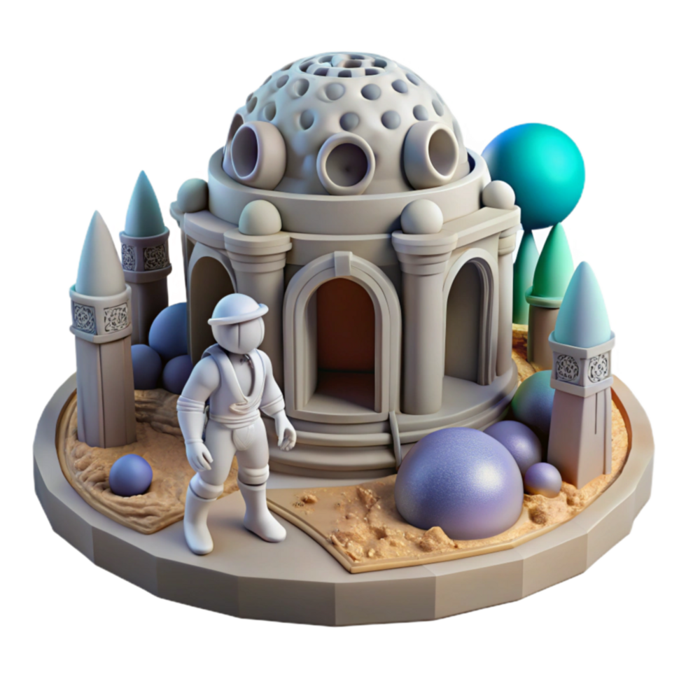 Astronaut at Ancient Dome 3D Rendered Fantasy Scene png