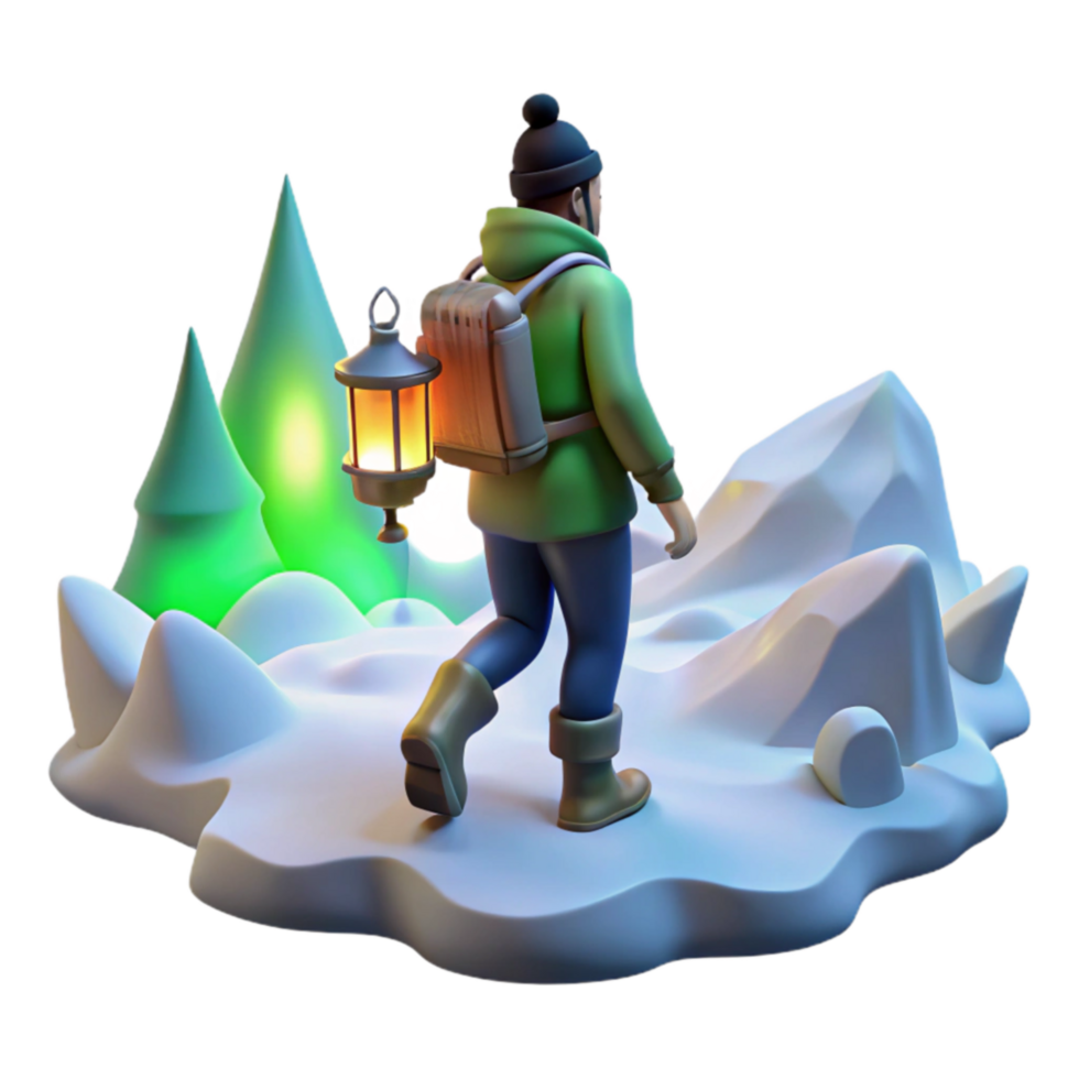 Winter Hiking Adventure Lantern Light on Snowy Trail png