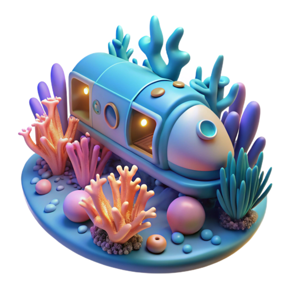 Ocean Submarine in Coral Reef 3D Render png