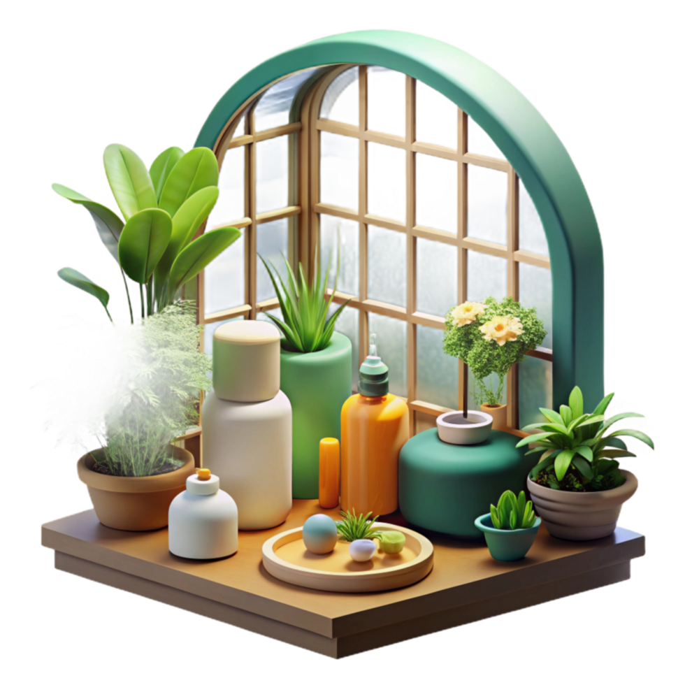 Serene Windowsill Garden with Decorative Containers png